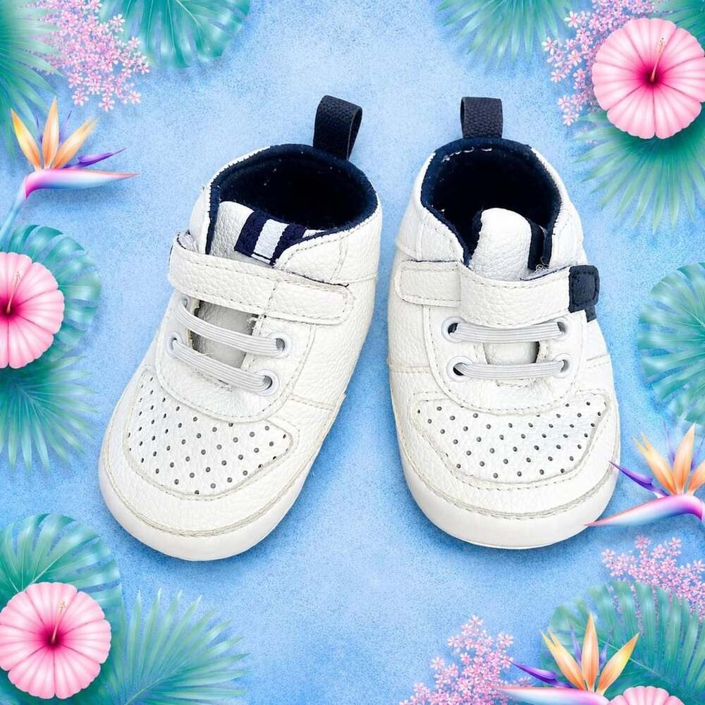 B0024 White Leather Baby Sneakers with Velcro Strap